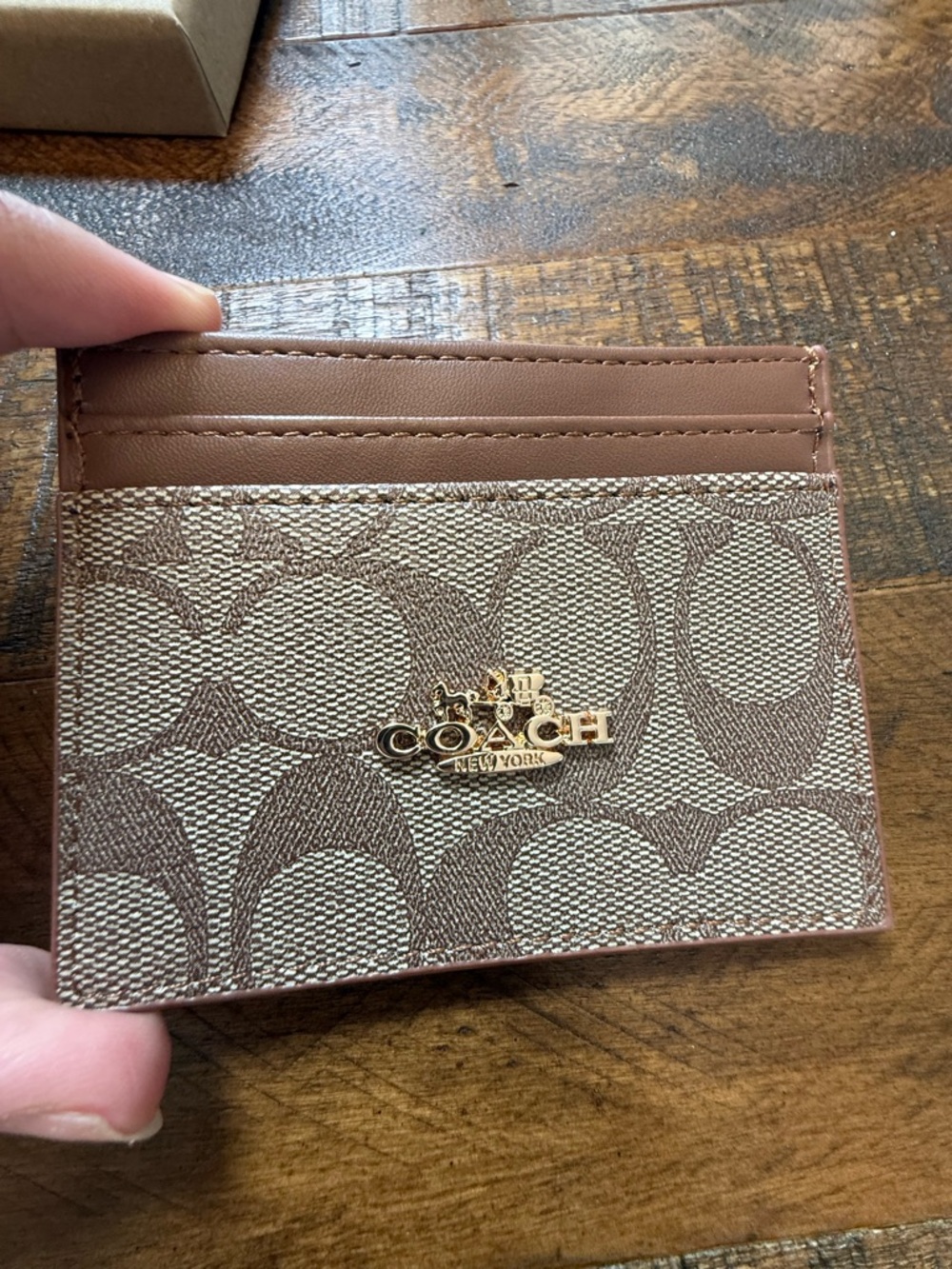 Coach Tan Brown Signature Card Case with Gold Logo